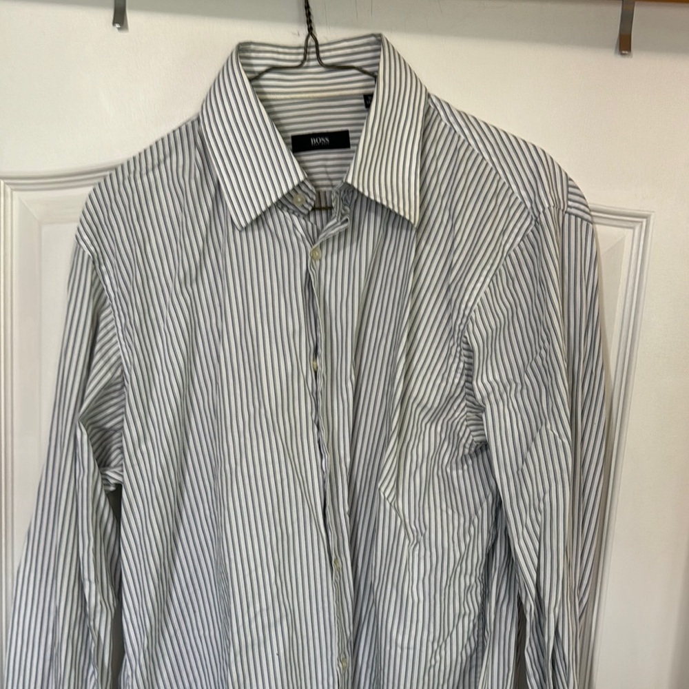 Hugo Boss Blue and White Dress Shirt with Vertical Stripes